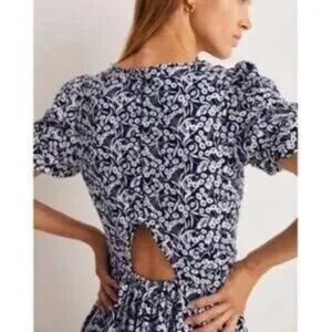 BODEN Back Detail Jersey Puff Sleeve Mini Dress Navy White Floral V-Neck NWT 4
